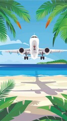 Wall Mural - An airplane is flying over a tropical beach with palm trees.