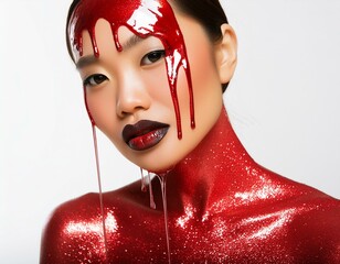 Wall Mural - Portrait of asian woman with red black lips and red shiny glitter paint on body and dripping down face. 