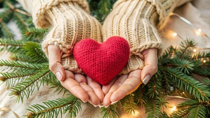 Hands holding a red heart in a white knitted sweater against the background of Christmas tree branches