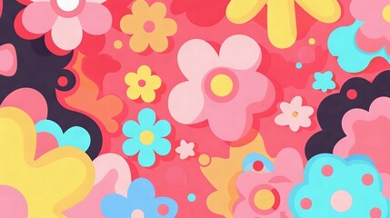 Wall Mural -   A close-up of a painting featuring flowers against a pink background, with vibrant blue, yellow, pink, and red hues