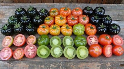 Wall Mural -   A variety of tomatoes displayed on a wooden table, with one half-cut tomato and the other halved