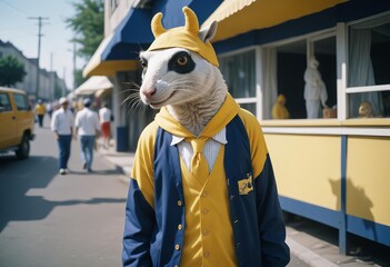 Anthropomorphic portrait of animal dressed in human clothes doing daily activities