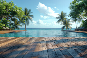 Wall Mural - Wooden floor with blurred background of tropical swimming pool and palm trees in sunlight.