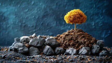 Wall Mural -   A small, yellow tree atop a stack of boulders, resting beside a blue masonry backdrop