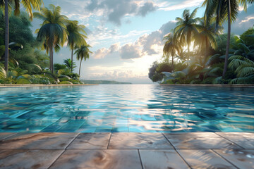 Wooden floor with blurred background of tropical swimming pool and palm trees in sunlight.