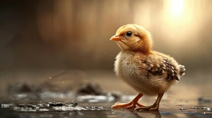 Wall Mural -   A small duck perched atop a puddle under a beam of sunlight