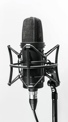 Condenser microphone in shock mount on white background, studio shot. Professional audio equipment concept