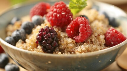 Wall Mural - Fresh Berries and Quinoa in Ceramic Bowl on Wooden Table
