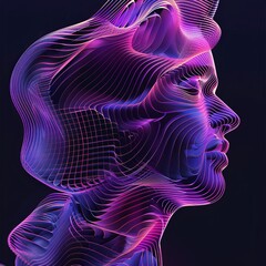 Abstract 3D wireframe portrait of a woman's face in neon purple and blue. Concept of AI, technology, beauty, and art.