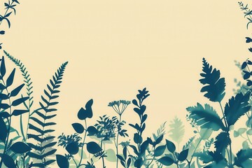 Aufkleber - A modern, minimalist design featuring silhouettes of leaves and flowers in shades of teal on a soft yellow background. Perfect for eco-friendly branding. Generative AI