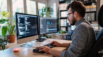 System Administrator Day. developer intensely working at a dual-monitor setup in a dimly lit office. Ideal for content on software development, coding, or technology careers