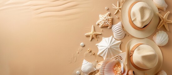 Poster - Top view of summer beach accessories on beige background with space for text