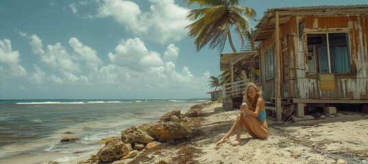 Young woman eating ice cream on summer beach, girl in swimsuit, wooden bar house, tropical landscape with palm trees, rocky stones in sea water, blue sky with clouds