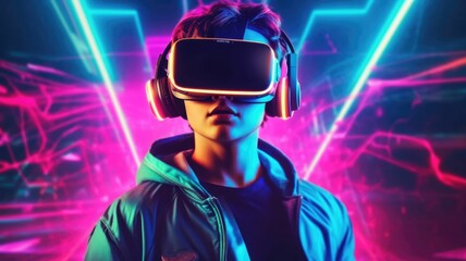 People wearing VR goggle while enter metaverse with neon color background. People with VR headset against abstract neon pattern background. Concept of virtual reality and futuristic technology. AIG35.