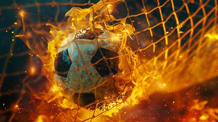 Wall Mural - Fiery soccer ball hitting the net. Dynamic sports image showing intense action moments on the field. Perfect for sports magazines, blogs, and promotional materials. AI