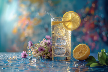 a cold glass of lemonade with ice cubes and flowers in the background