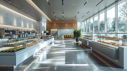 Poster - A self-service cafeteria with a government style, surrounded by walls on all sides, with no windows and no sunlight. The design is modern and clean. Generative AI.