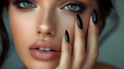 Wall Mural - Beautiful girl showing black  manicure nails . makeup and cosmetics