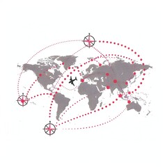Aufkleber - Minimalist world map illustration with highlighted routes connecting cities and continents, a small airplane icon symbolizing global travel and connections. Generative AI