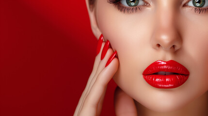 Wall Mural - Beautiful girl showing red  manicure nails . makeup and cosmetics . on red background 