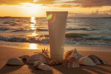 Wall Mural - Sunscreen cream tube mockup with seashells on beach at sunset.