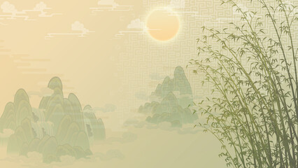 Wall Mural - Oriental painting illustration, wallpaper with clouds and mountains, landscape painting 동양화, 산수화 일러스트 (4) 대나무