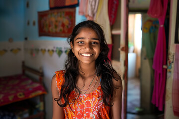 Wall Mural - Cheerful indian girl standing at home