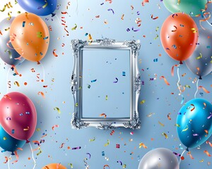 Canvas Print - silver frame surrounded by balloons and confetti for birthday themes on light blue background