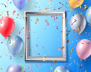 Wall Mural - Silver frame surrounded by colorful balloons and confetti, perfect for celebration themes light blue background