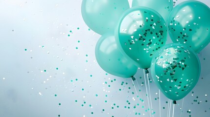Wall Mural - Turquoise balloons with golden confetti on a minimalistic background, perfect for refined celebration themes