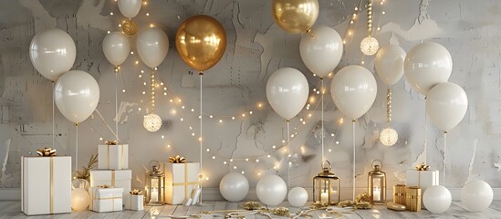 Wall Mural - Festive celebration setup with white and gold balloons, fairy lights, gift boxes, and lanterns on textured wall backdrop