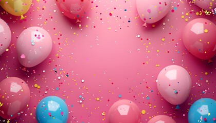 Wall Mural - colorful balloons and confetti, perfect for party invitations and celebration banners on pink backgr