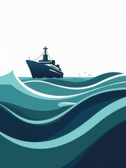 Poster - Minimalist illustration depicting a sailboat on the water, featuring a blue and green color palette for a sense of calm and serenity. Ideal for nautical brands. Generative AI