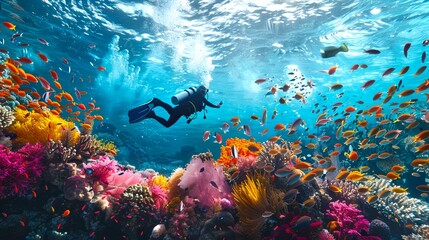 Wall Mural - A breathtaking underwater scene with colorful coral reefs and a scuba diver exploring the vibrant marine life. The snapshot is of high quality, ideal for nature and aquatic themes. AI