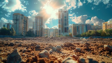 Poster - A dirt near a construction work site. The background features modern buildings under sunny skies. Generative AI.