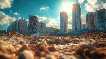 Poster - A dirt near a construction work site. The background features modern buildings under sunny skies. Generative AI.