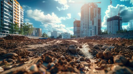 Poster - A dirt near a construction work site. The background features modern buildings under sunny skies. Generative AI.