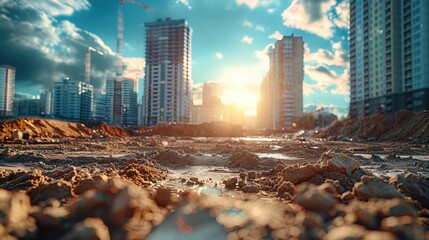 Poster - A dirt near a construction work site. The background features modern buildings under sunny skies. Generative AI.