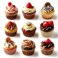 Sticker - Assorted cupcakes showcased in a 3x3 grid, featuring various flavors and decorative toppings. Perfect for dessert lovers, food blogs, and baking inspiration. Vibrant and appetizing. AI