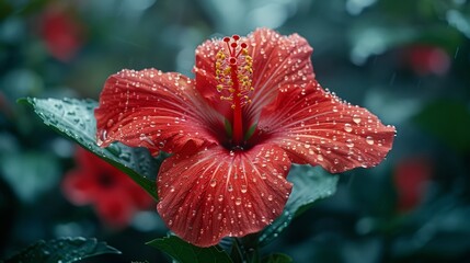 Wall Mural - An image of a red hibiscus flower in a garden taken at high quality.