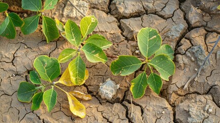 Canvas Print - Resilient green and yellow clove tree leaves on dry ground showcasing vibrant colors against the arid landscape