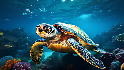 Wall Mural - A lonely sea turtle faces the threat of pollution