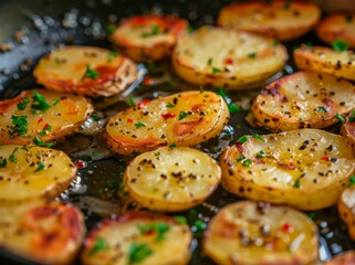 Wall Mural - Garlic and herbs fried on a pan with potatoes.