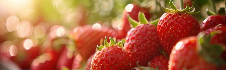 Fresh ripe strawberries with sunlight bokeh