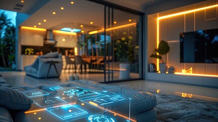Fototapete - Close-up of a smart home interior, interactive home automation interfaces, smart appliances in action, contemporary living space with IoT connectivity, ambient lighting. Generative AI.