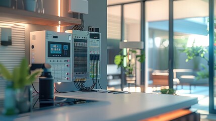Fototapete - Smart home interior showcasing various elements of automation and renewable energy. an open electrical panel with neatly organized wires and circuits is visible. Nearby, a solar panel is depicted.