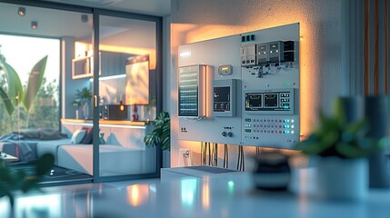 Fototapete - Smart home interior showcasing various elements of automation and renewable energy. an open electrical panel with neatly organized wires and circuits is visible. Nearby, a solar panel is depicted.