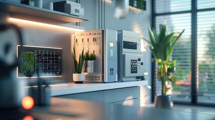 Fototapete - Smart home interior showcasing various elements of automation and renewable energy. an open electrical panel with neatly organized wires and circuits is visible. Nearby, a solar panel is depicted.