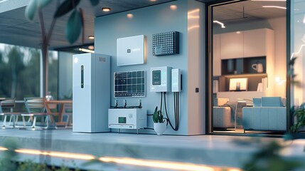 Poster - Smart home interior showcasing various elements of automation and renewable energy. an open electrical panel with neatly organized wires and circuits is visible. Nearby, a solar panel is depicted.