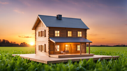 Wall Mural - Small wooden house model in a field at sunset, perfect for construction or real estate projects